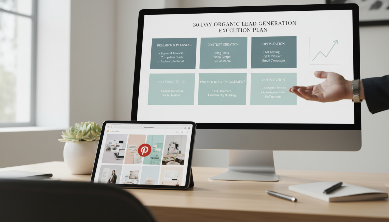 Pinterest marketing strategy for organic lead generation, showcasing a visual 30-day execution plan for creators and brands.