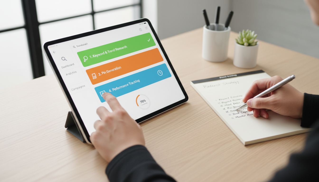 Pinterest content creation workflow for organic lead generation, featuring a step-by-step checklist and digital tools for efficient scheduling.