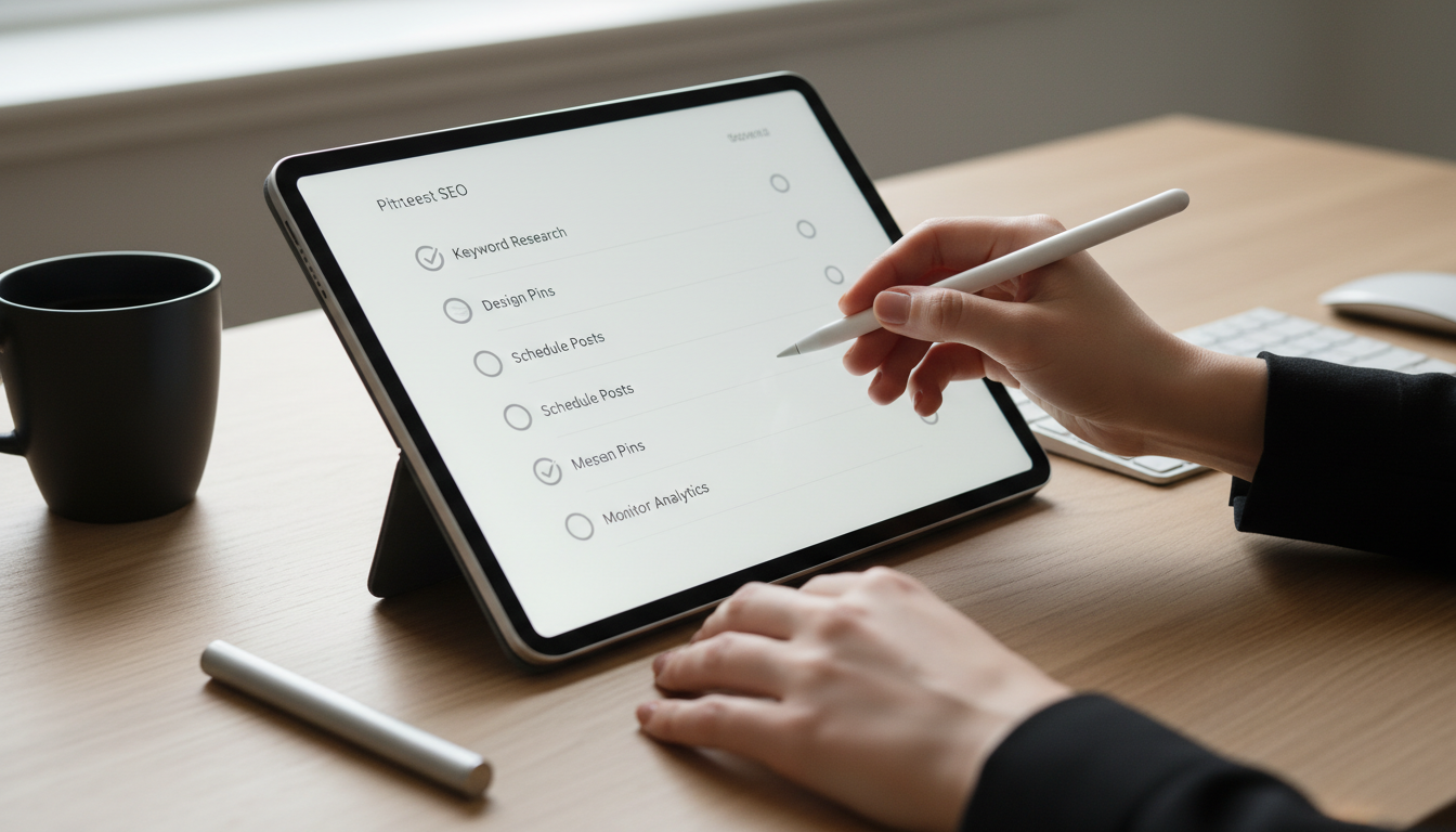 Pinterest SEO implementation checklist. Use this practical visual to guide your step-by-step Pinterest marketing tasks, from keyword research to scheduling with apps like PinPilot, ensuring consistent organic growth. Perfect for creators and agencies seeking a clear workflow.
