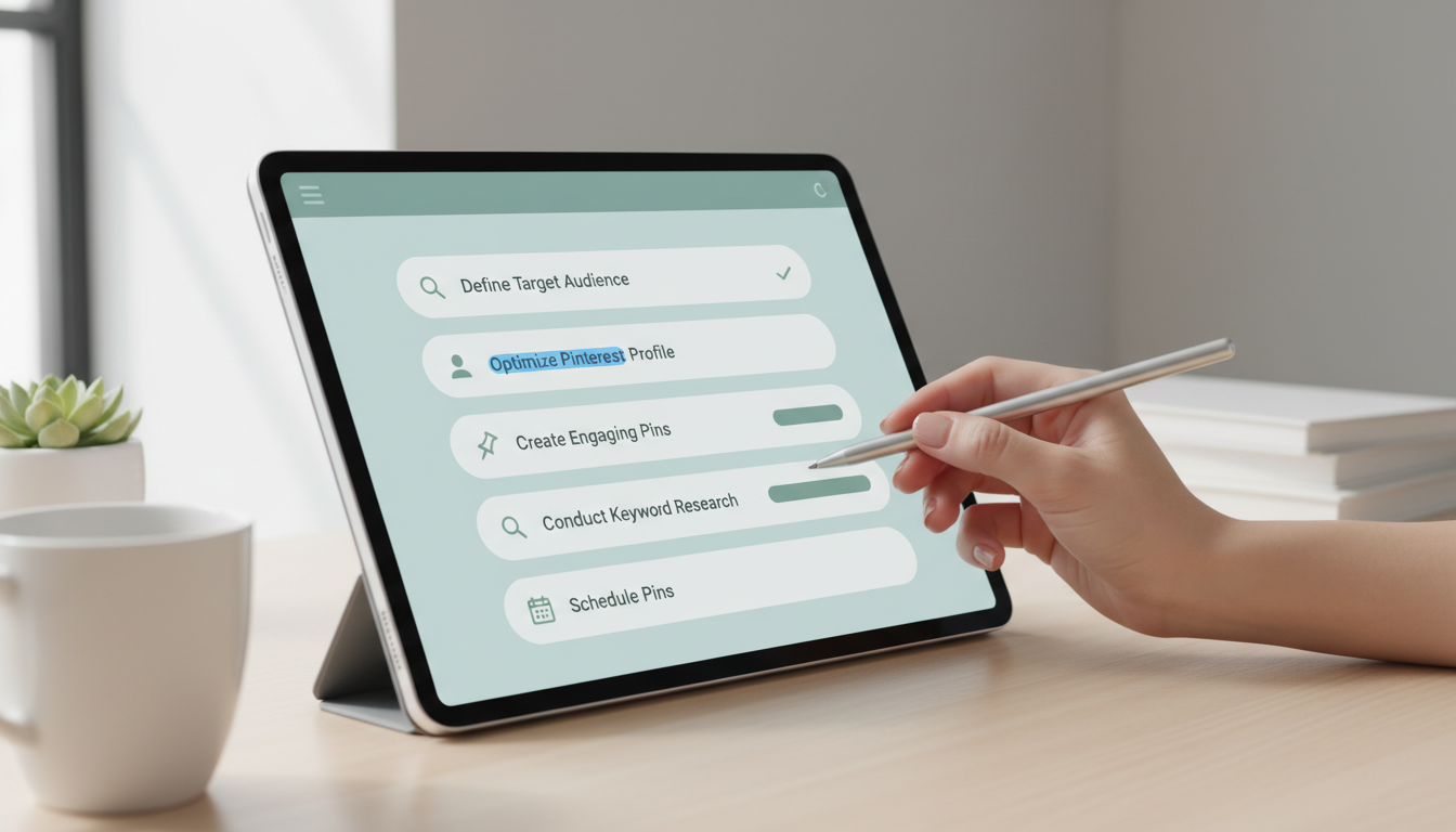 A step-by-step Pinterest marketing checklist for creators and e-commerce brands, detailing actionable tasks for lead generation. Perfect for PinPilot users planning their weekly content strategy.