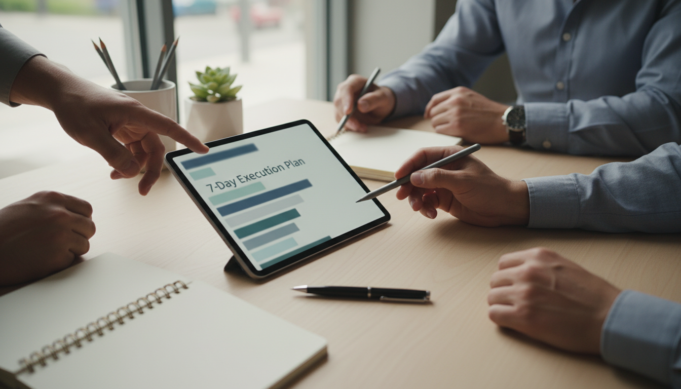7 day content execution plan for Pinterest marketing, showing hands working on a digital tablet with a clear checklist, perfect for social selling tactical guides and daily workflow.