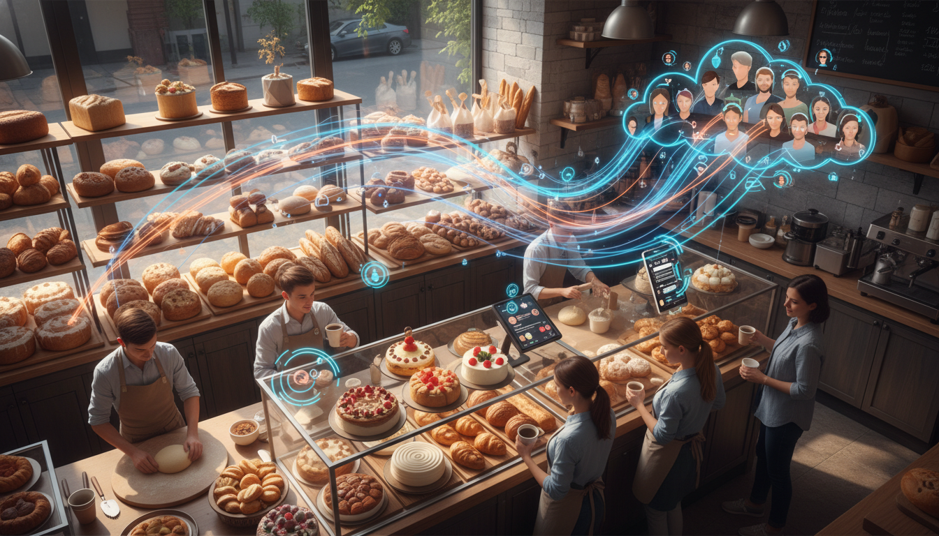 Pinterest marketing strategy for small businesses: A dynamic visual showing a modern bakery leveraging marketing automation and visual storytelling to boost brand awareness and sales on Pinterest, appealing to ecommerce and content creators.