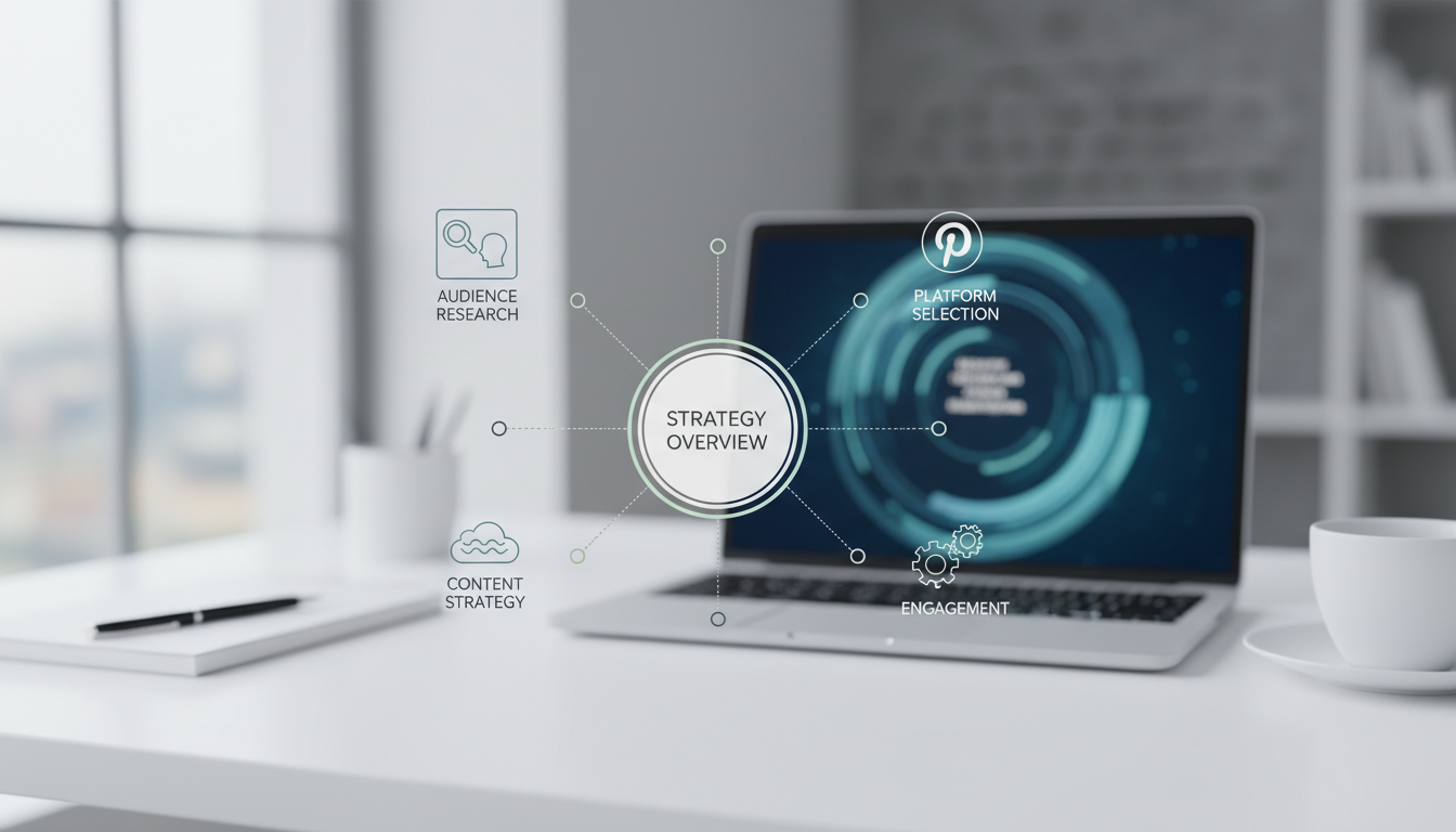 Pinterest marketing strategy: A visual representation of effective social selling implementation, connecting audience research, content planning, and platform engagement for organic growth.