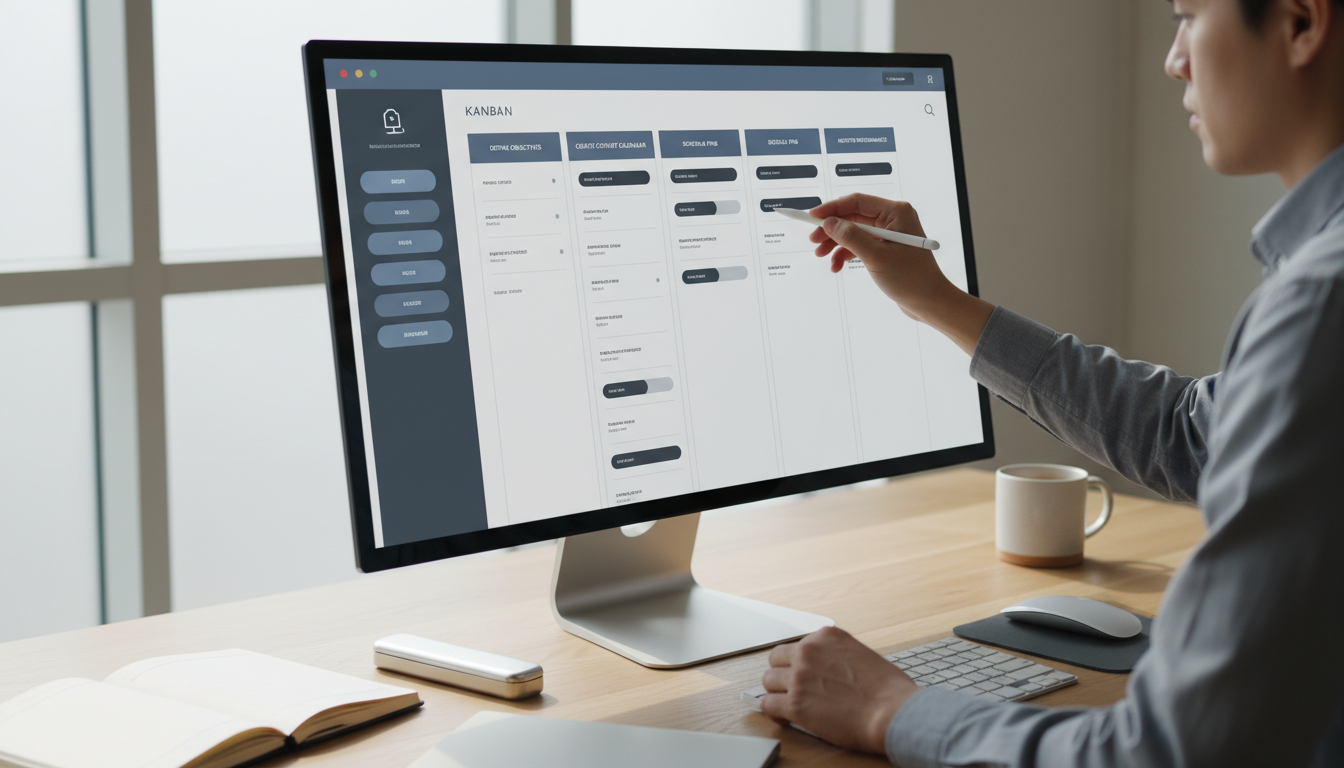 Pinterest social selling checklist: A digital implementation plan for creators and brands, showing steps like content scheduling and performance tracking for effective Pinterest marketing.